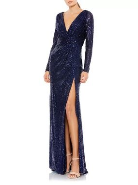 Beautiful Ieena for Mac Duggal Navy Sequined Long Sleeve Gown - Size 8